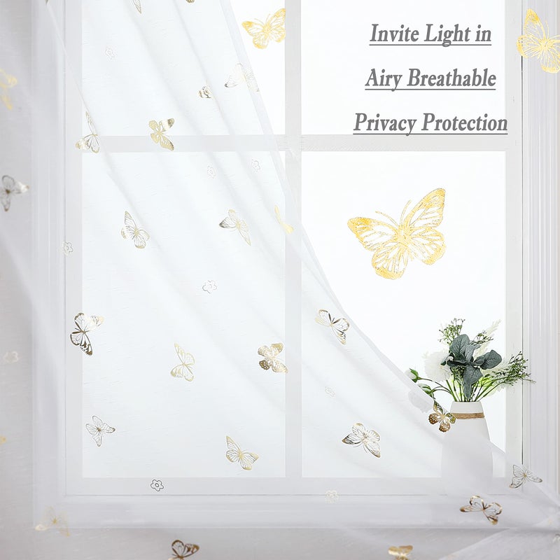 Jubilantex Butterfly White Sheer Curtain Panels for Kids Nursery Girl, Gold Print Toddler Linen Textured Voile Rustic Rod Pocket Drapes 84 Inch for Farmhouse, Living Room, Bedroom, 2 Panels - Image 2